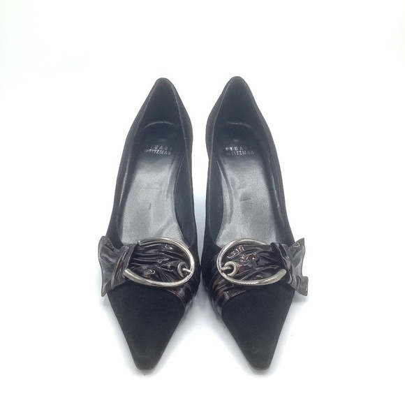 Stuart Weitzman Black Pointed Toe Buckle Suede Heels 7 - Picture 9 of 16